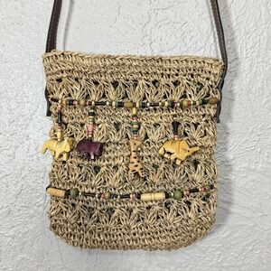 Vtg Cappelli Straworld Crossbody Bag Wooden Safari Animals Woven Straw Boho Bead